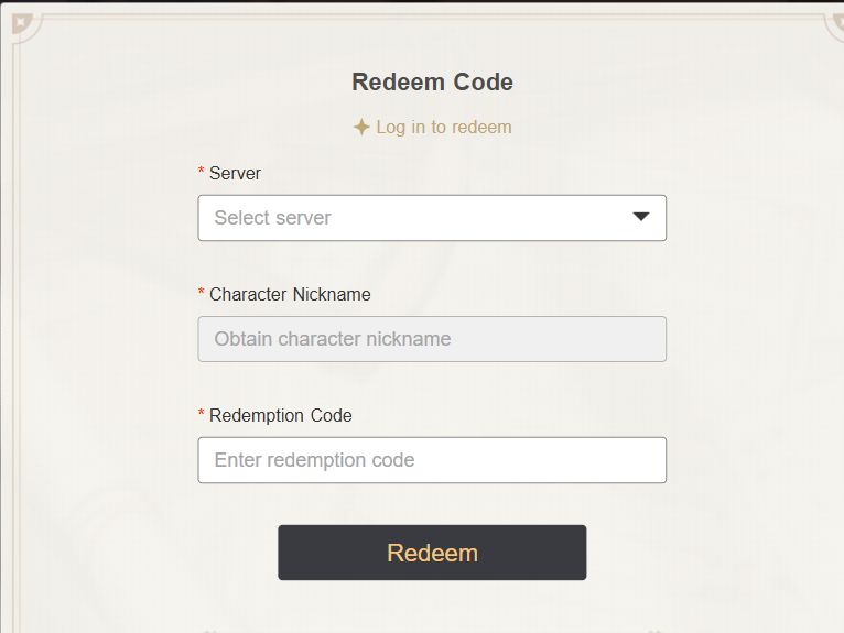 Signed-out form on the official HoYoverse redemption website